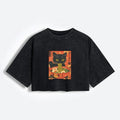 Kyoto-Lion Hungry Black Cat Loves Ramen Women's Washed Crop T-Shirt