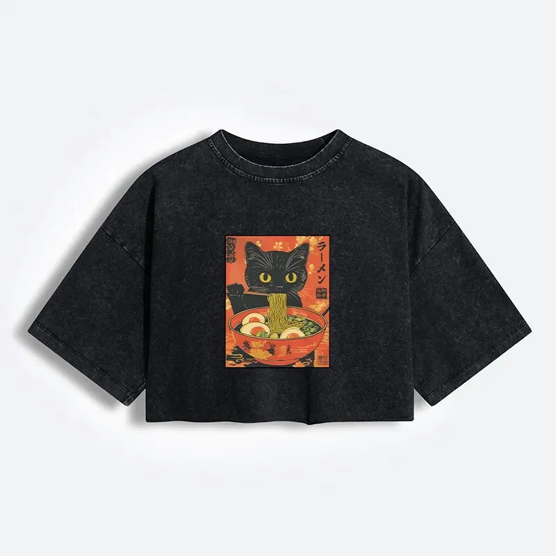 Kyoto-Lion Hungry Black Cat Loves Ramen Women's Washed Crop T-Shirt