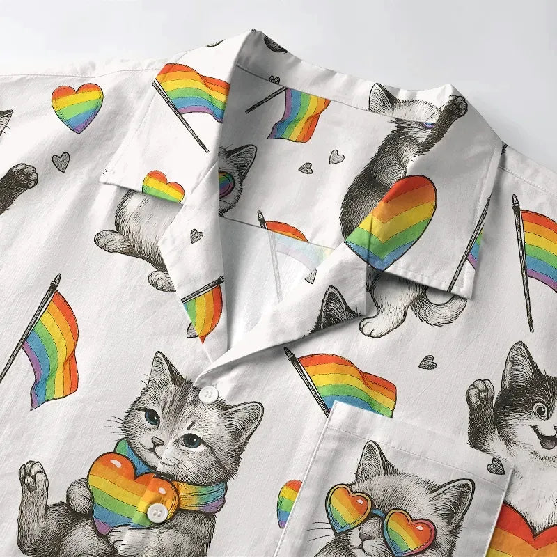 Kyoto-Lion Kawaii Pride Cat Rainbow Accessories On Aloha Hawaiian Shirt