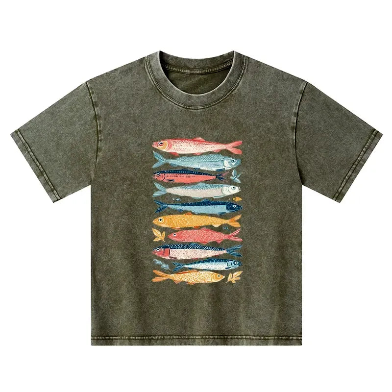 Vintage Washed Kids T-Shirt with Fish