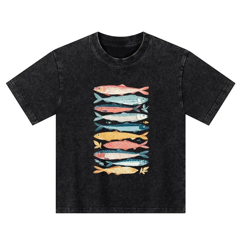 Vintage Washed Kids T-Shirt with Fish
