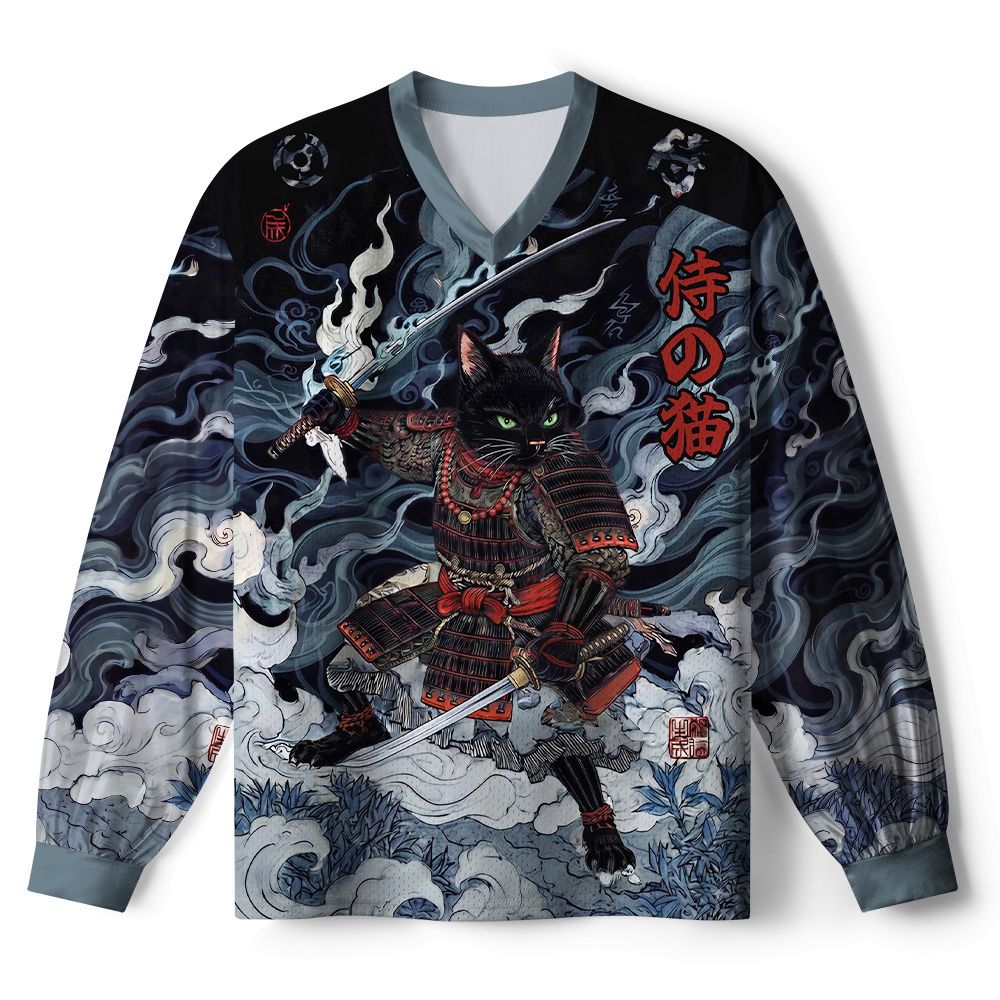Kyoto-Lion Shadow Samurai Cat Paneled Long Sleeve Jersey
