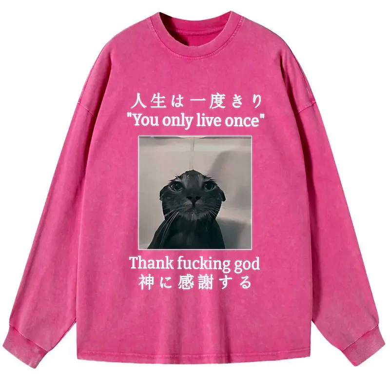 Kyoto-Lion Funny Melancholy Cat Washed Long Sleeve T-Shirt