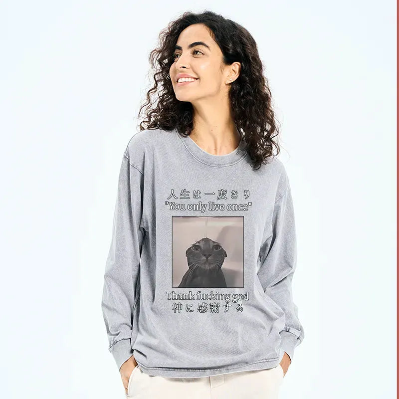 Kyoto-Lion Funny Melancholy Cat Washed Long Sleeve T-Shirt