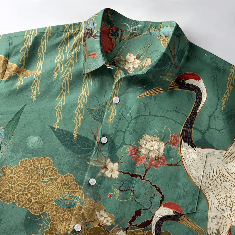 Kyoto-Lion Red-Crowned Crane In The Garden Button-up Shirt