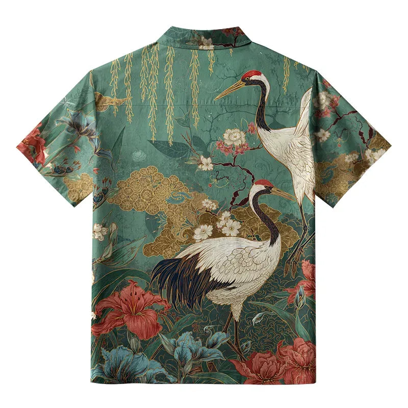 Kyoto-Lion Red-Crowned Crane In The Garden Button-up Shirt