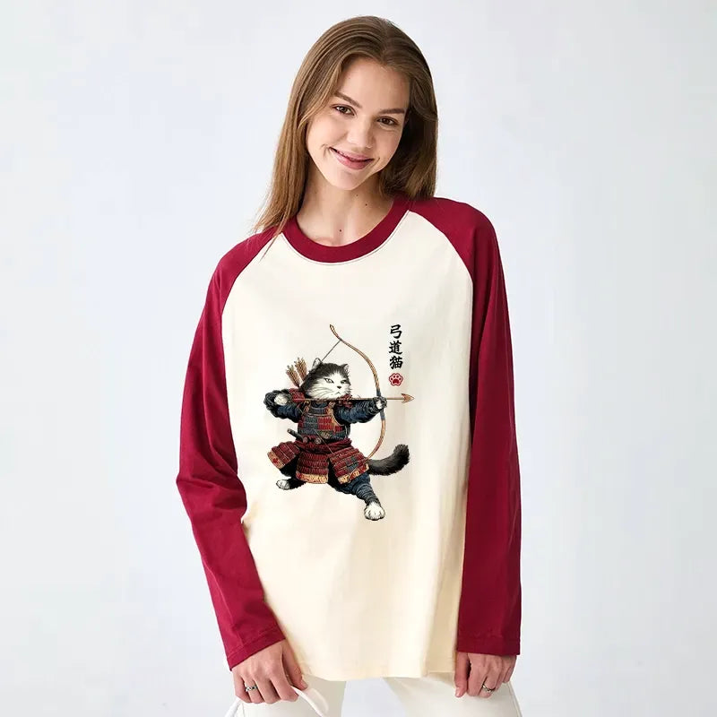 Kyoto-Lion Kyudo Samurai Cat Raglan Long Sleeve T-shirt