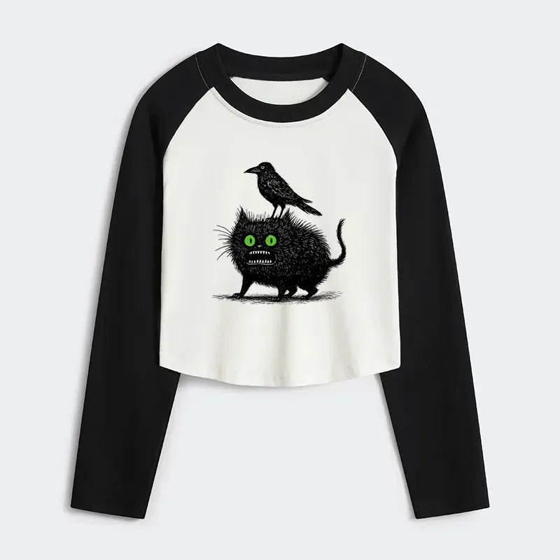 Kyoto-Lion Crow And Black Cat Women's Crop Raglan T-Shirt