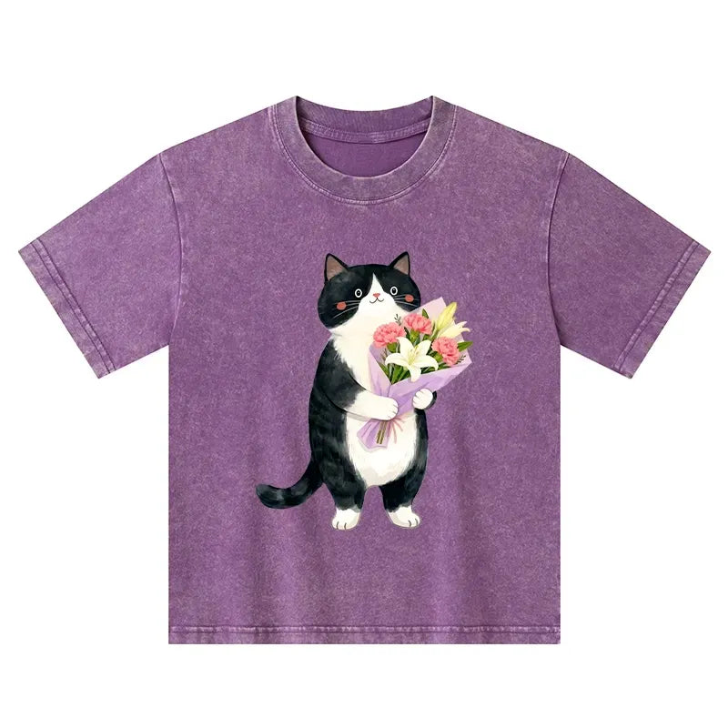 cute cat flower print kids tee