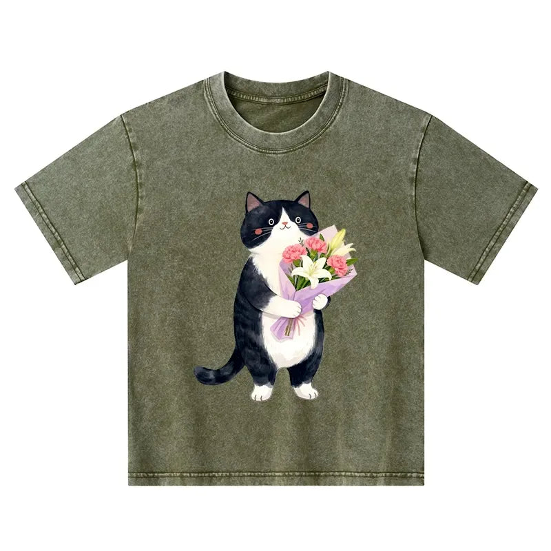 cute cat flower print kids tee