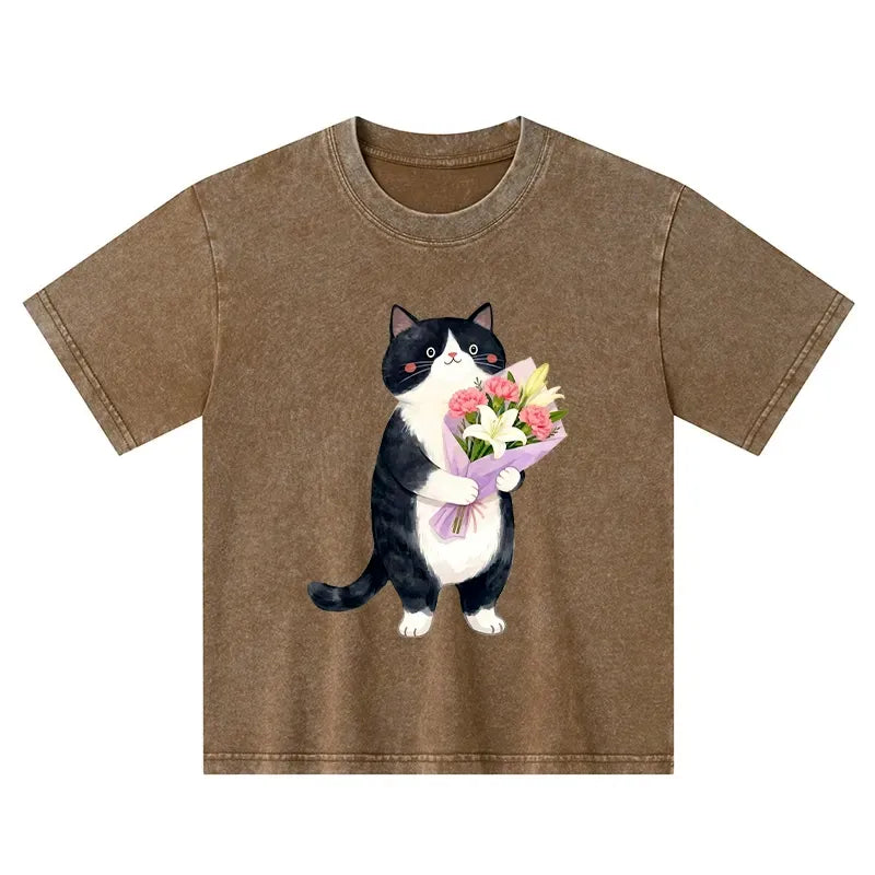 cute cat flower print kids tee