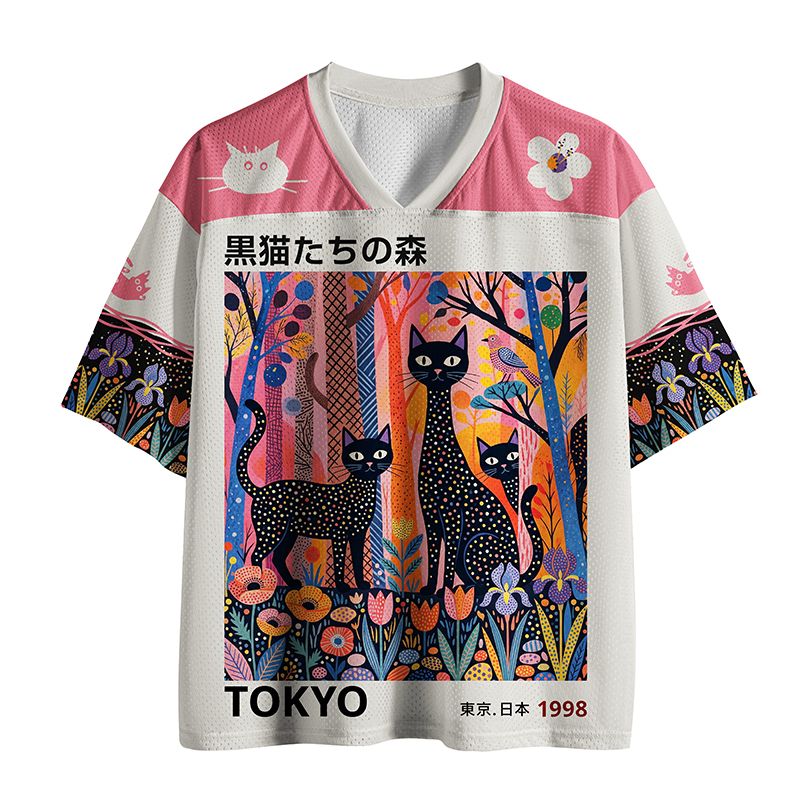 Kyoto-Lion Black Cats In Floral Forest Mesh Jersey