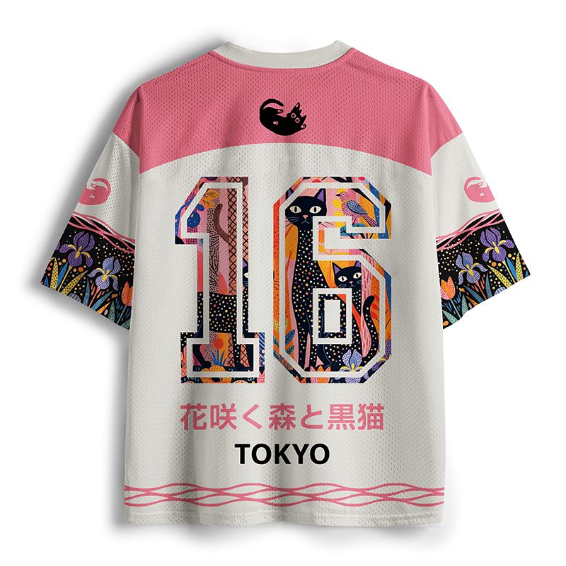 Kyoto Black Cats Floral Mesh Jersey for Summer