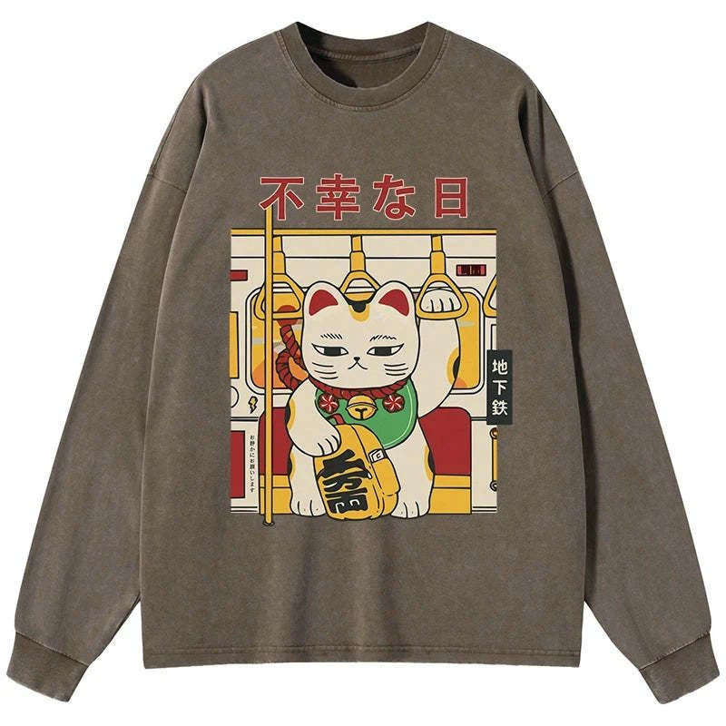 Kyoto-Lion Lucky Cat Who Doesn't Want To Work Washed Long Sleeve T-Shirt