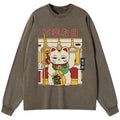 Kyoto-Lion Lucky Cat Who Doesn't Want To Work Washed Long Sleeve T-Shirt