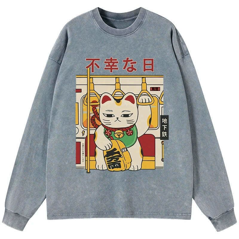 japanese lucky cat washed long sleeve t-shirt