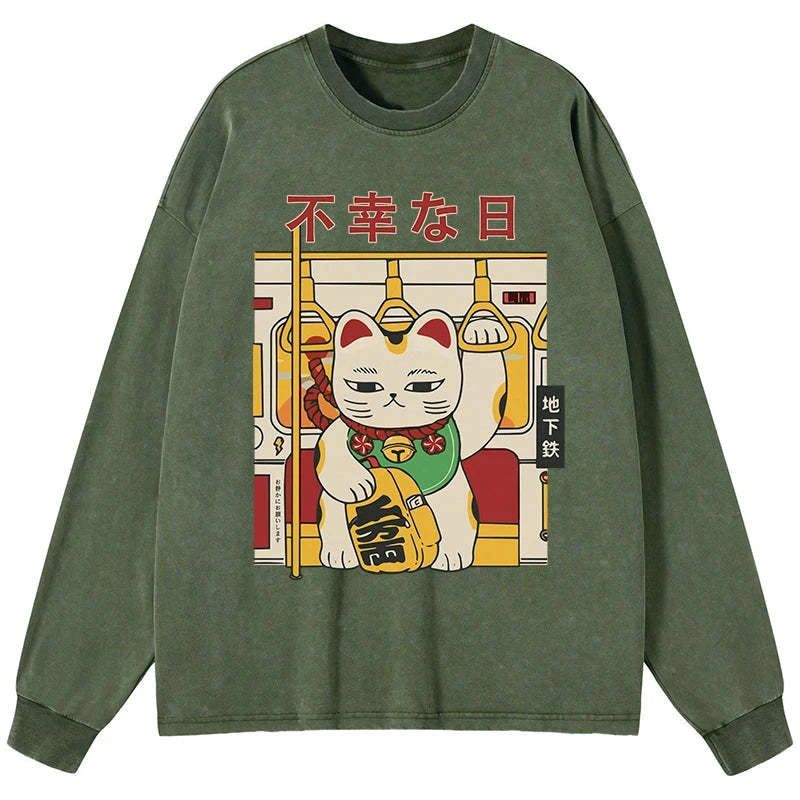 japanese lucky cat washed long sleeve t-shirt