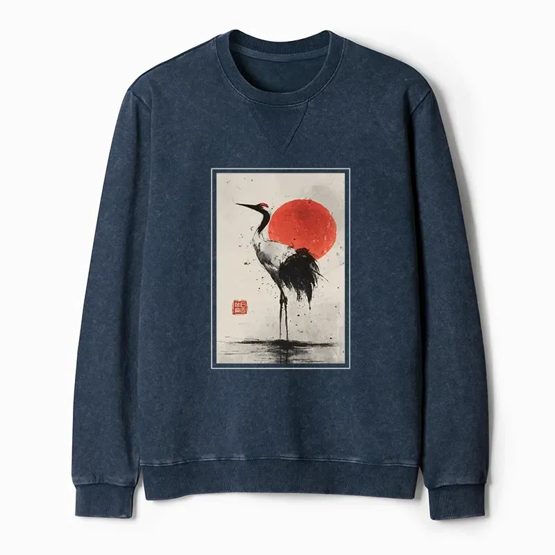 Kyoto-Lion Retro Japanese Red-crowned Crane Washed Terry Sweatshirt