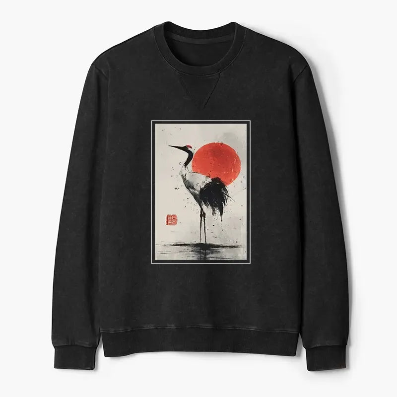 Kyoto-Lion Retro Japanese Red-crowned Crane Washed Terry Sweatshirt