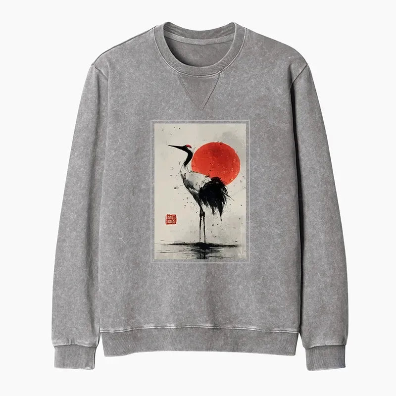 Kyoto-Lion Retro Japanese Red-crowned Crane Washed Terry Sweatshirt