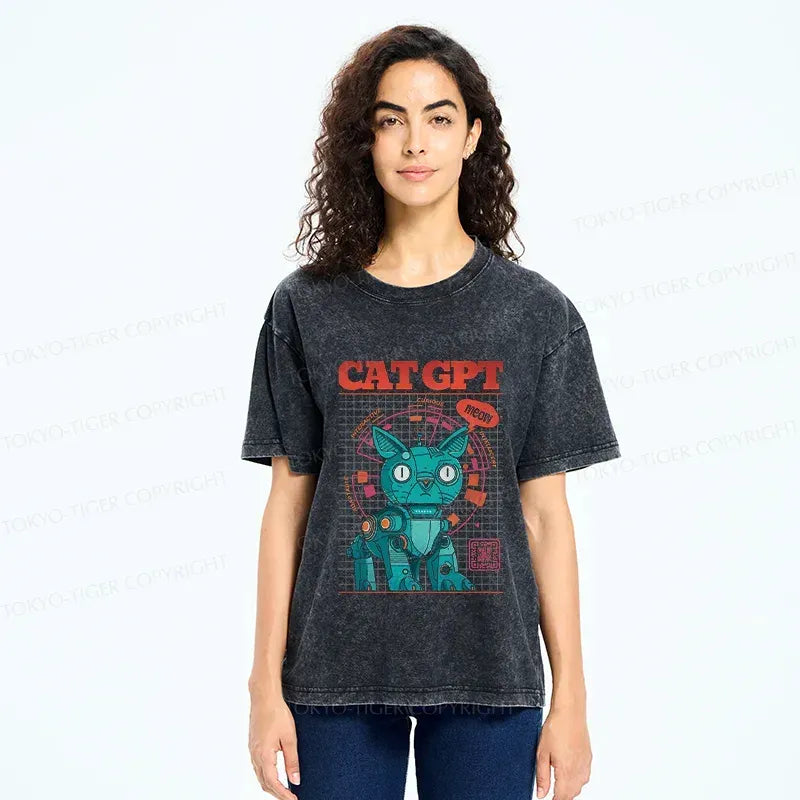 Kyoto-Lion Machine Cat Retro Washed T-Shirt