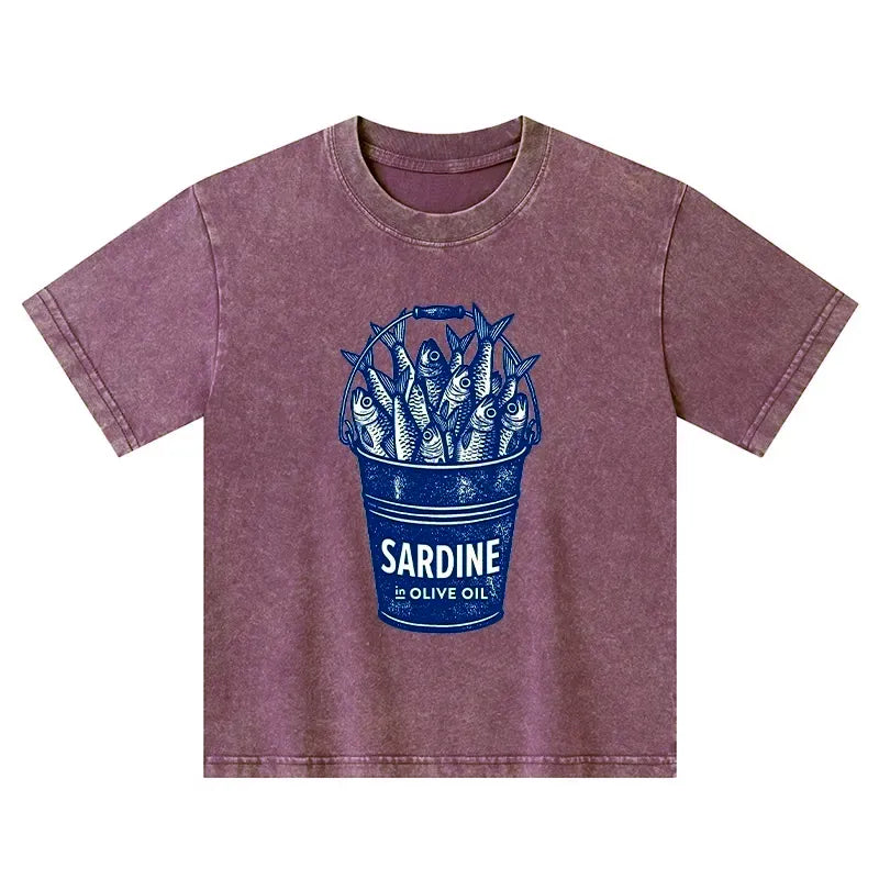 Kyoto-Lion Vintage Bucket Full Of Fresh Sardines Kids Washed T-Shirt