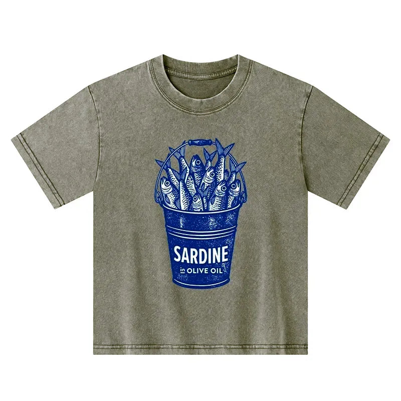 Kyoto-Lion Vintage Bucket Full Of Fresh Sardines Kids Washed T-Shirt
