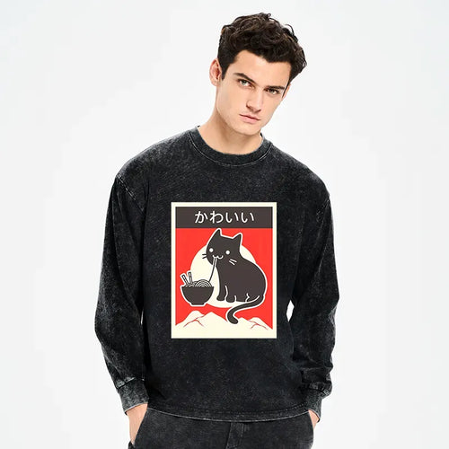 Kyoto-Lion 'Kawaii' Vintage Style Japenese Ramen Cat Washed Long Sleeve T-Shirt