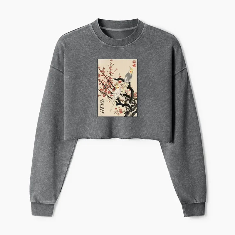 Kyoto-Lion Whispers of Silent Blossoms Washed Crop Sweatshirt
