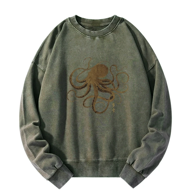 Kyoto-Lion Octopus Japanese Gold Print Tattoo Washed Sweatshirt