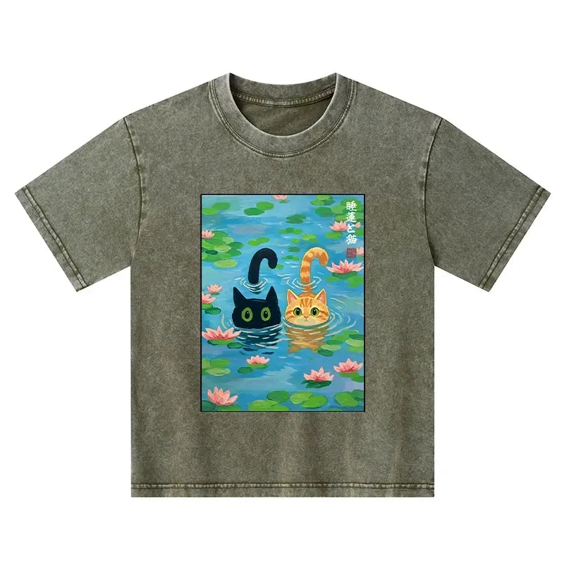 Kyoto-Lion Cats In The Lotus Pond Kids Washed T-Shirt