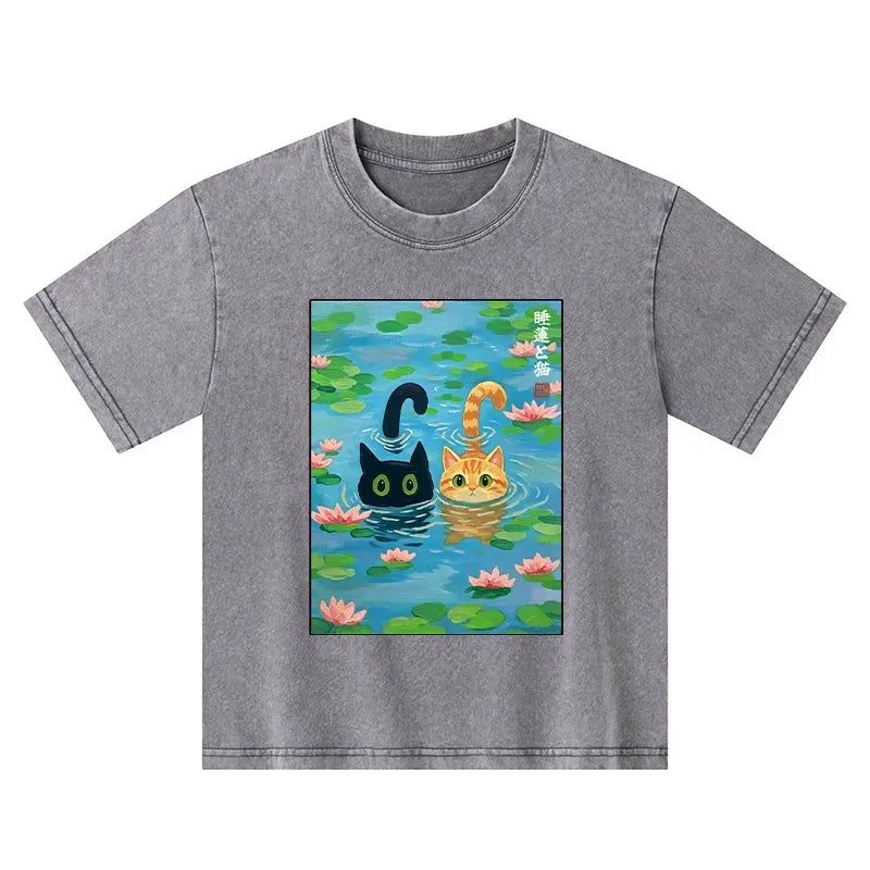 Kyoto-Lion Cats In The Lotus Pond Kids Washed T-Shirt