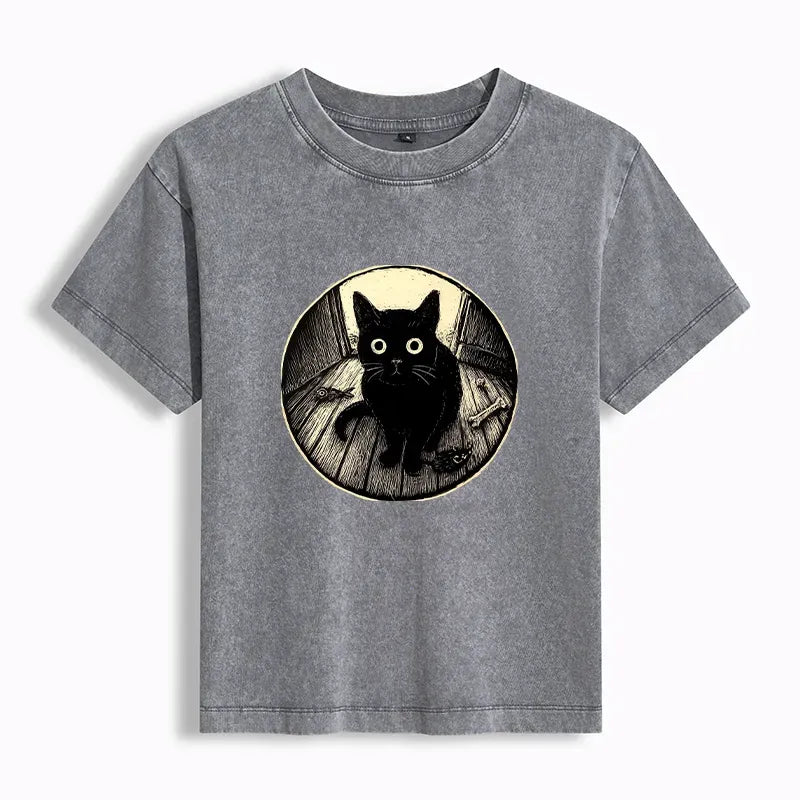 Kyoto-Lion Waiting Black Cat Women's Washed T-shirt