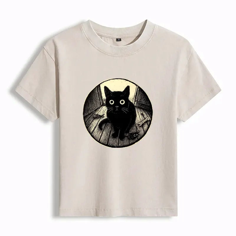 Kyoto-Lion Waiting Black Cat Women's Washed T-shirt