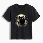 japanese washed black cat t-shirt for women