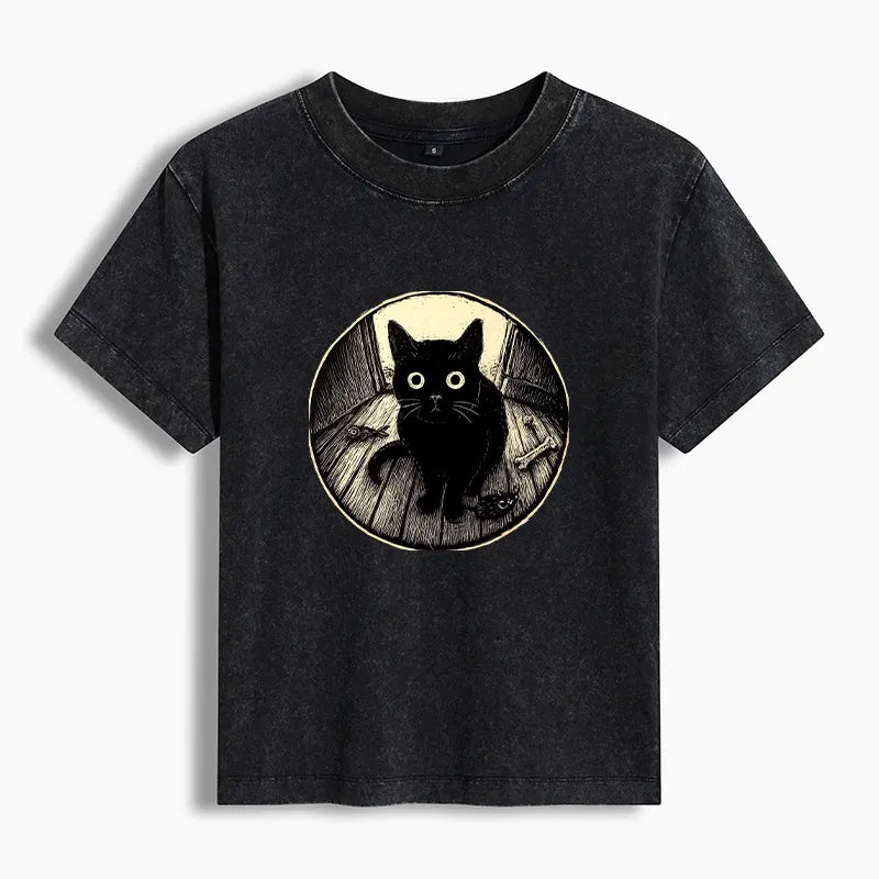 japanese washed black cat t-shirt for women