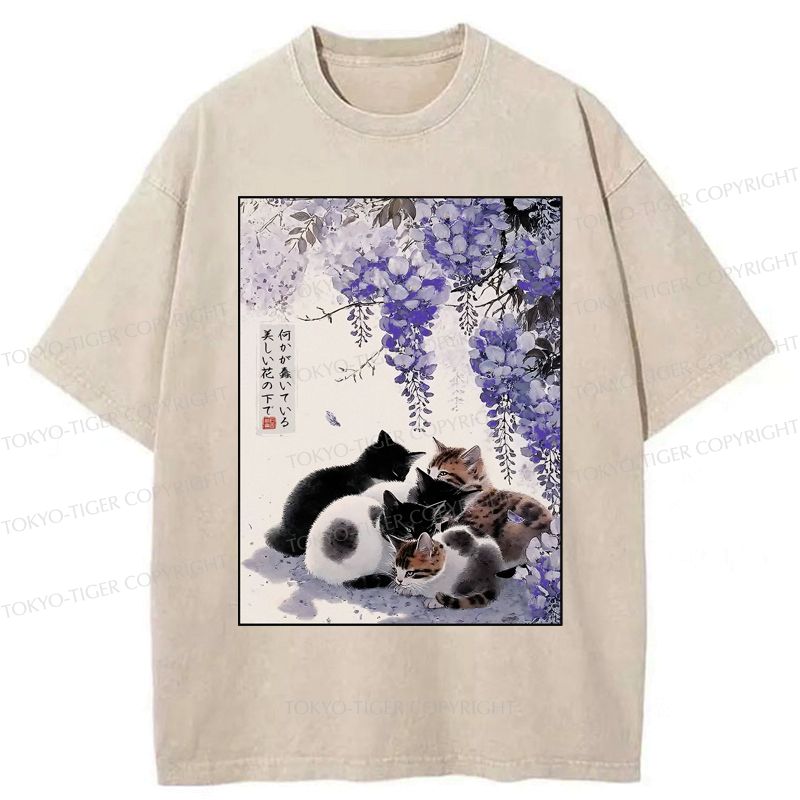 Japanese wisteria cat t-shirt for streetwear