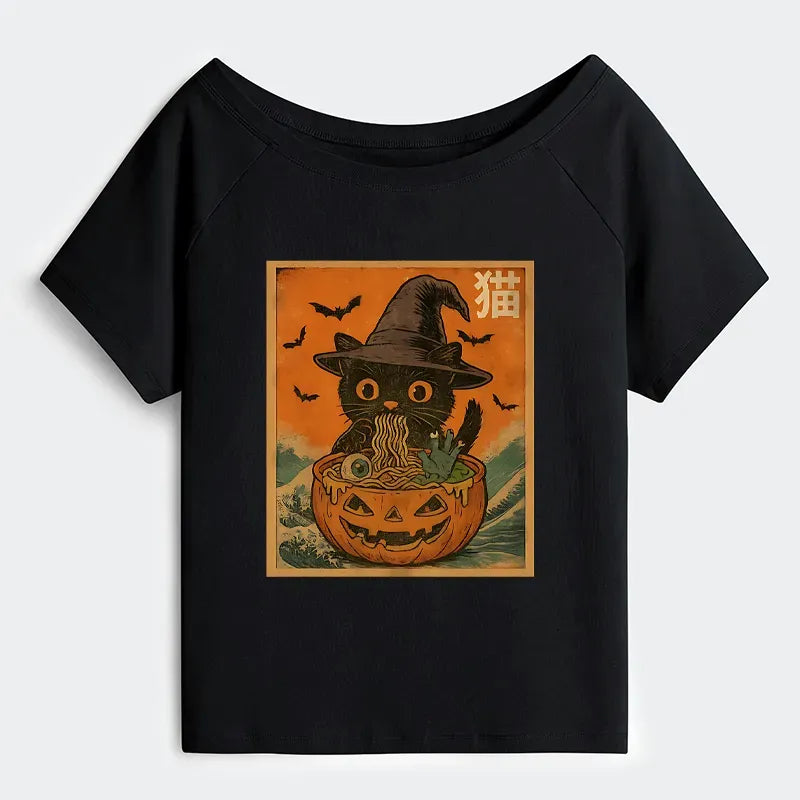 Kyoto-Lion Halloween Cat Eating Ramen Off Shoulder T-Shirt