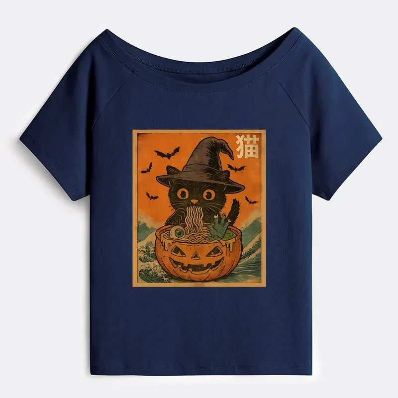 Cat Eating Ramen Off Shoulder T-Shirt