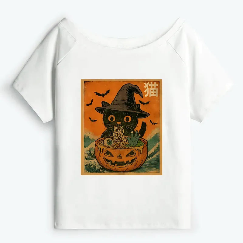 Cat Eating Ramen Off Shoulder T-Shirt