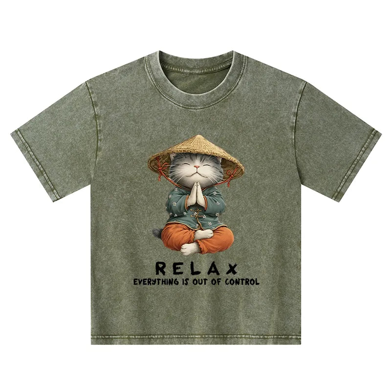 Kyoto-Lion Zen Relax Cat Graphic Kids Washed T-Shirt