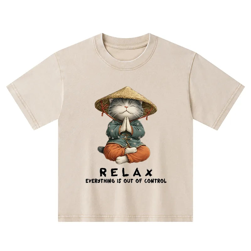 Kyoto-Lion Zen Relax Cat Graphic Kids Washed T-Shirt