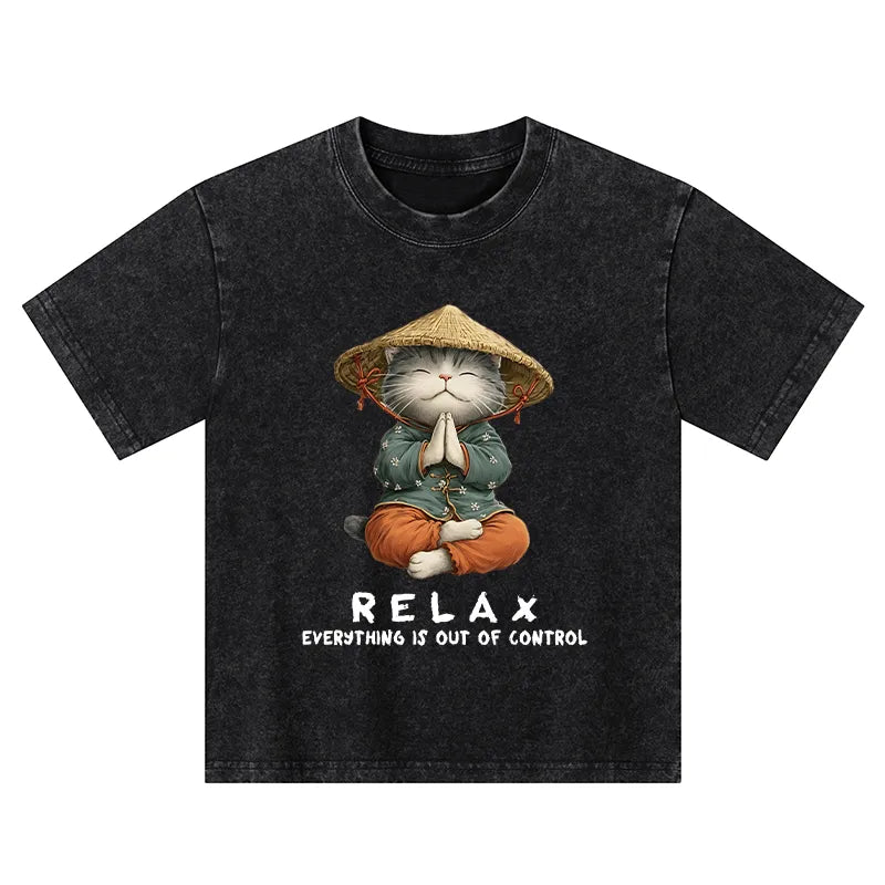 Kyoto-Lion Zen Relax Cat Graphic Kids Washed T-Shirt