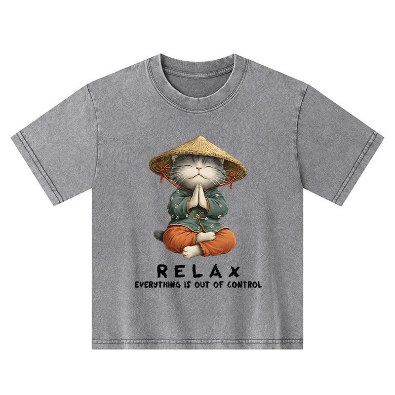 Kyoto-Lion Zen Relax Cat Graphic Kids Washed T-Shirt