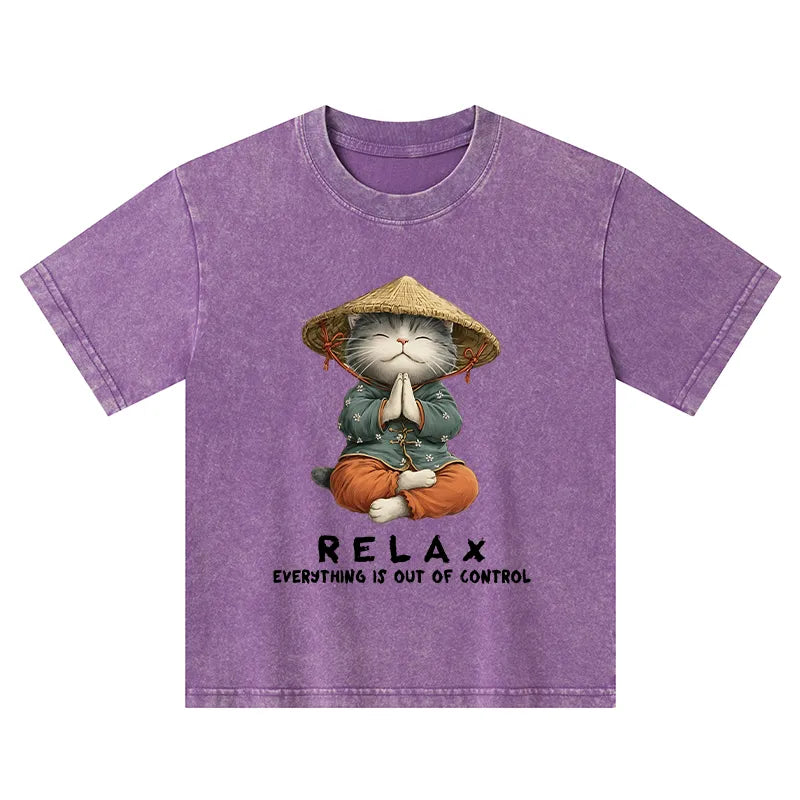 Kyoto-Lion Zen Relax Cat Graphic Kids Washed T-Shirt