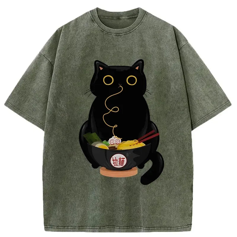 Kyoto-Lion Ramen-Loving Cat Washed T-Shirt