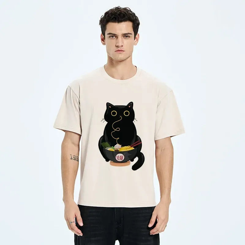 Kyoto-Lion Ramen-Loving Cat Washed T-Shirt
