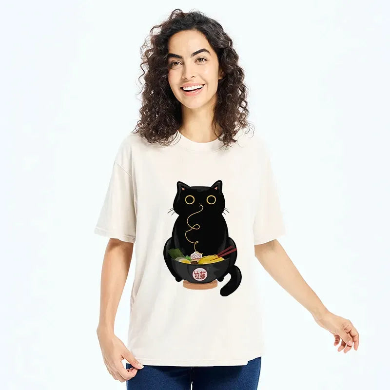 Kyoto-Lion Ramen-Loving Cat Washed T-Shirt