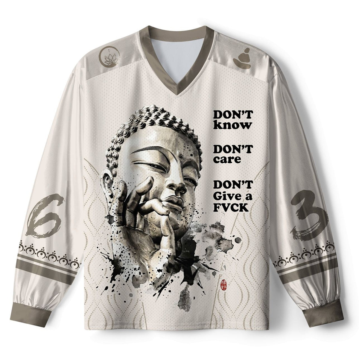 Kyoto-Lion Funny Zen Oriental Ink Art Paneled Long Sleeve Jersey