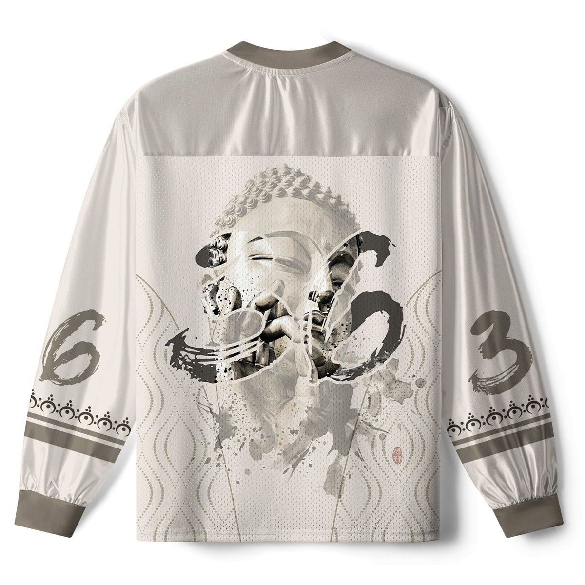 Kyoto-Lion Funny Zen Oriental Ink Art Paneled Long Sleeve Jersey